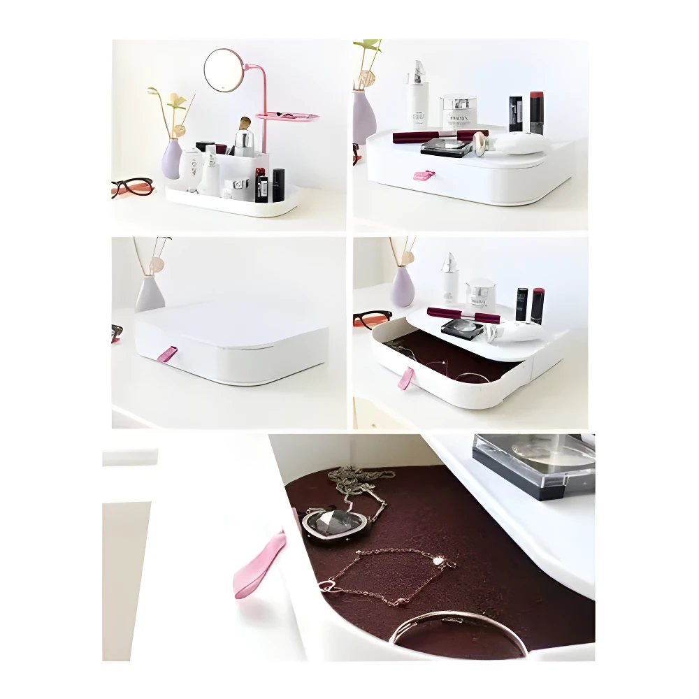 Organizador de maquillaje blanco con espejo, compartimentos y accesorios, cajón inferior abierto con joyería.