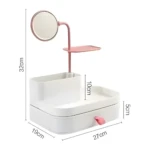 Organizador de maquillaje blanco con espejo giratorio y bandeja rosa, 32x27x19cm.
