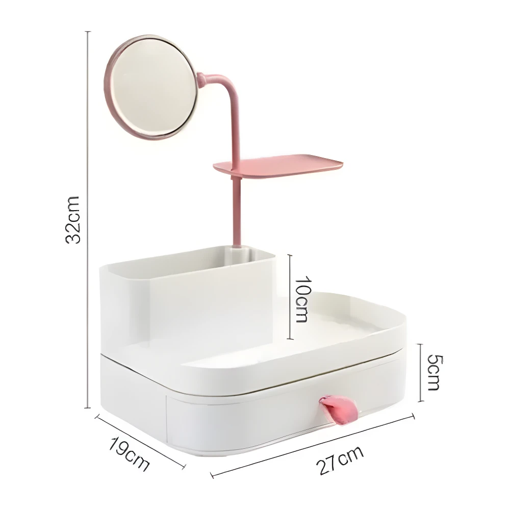Organizador de maquillaje blanco con espejo giratorio y bandeja rosa, 32x27x19cm.