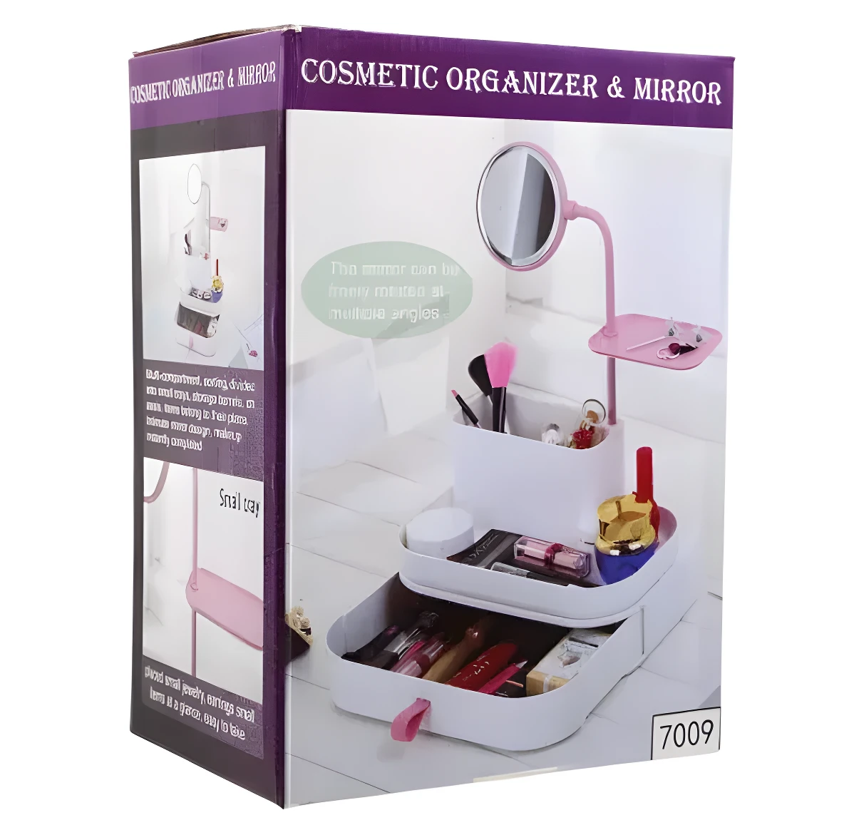 Organizador de maquillaje blanco con espejo ajustable y cajones, ideal para escritorio y rutina de belleza.