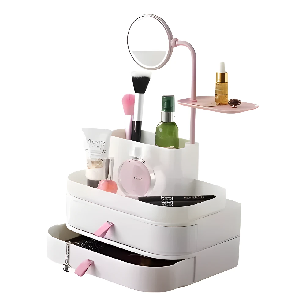 Organizador de maquillaje blanco con espejo LED ajustable y cajones rosas, ideal para escritorio.