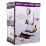 Organizador de maquillaje blanco con espejo giratorio y bandeja rosa para cosméticos.