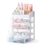 Organizador de maquillaje transparente de 4 niveles con cajones para cosméticos y accesorios.