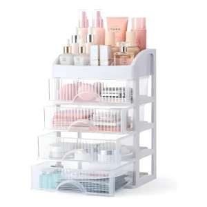 Organizador de maquillaje transparente de 4 niveles con cajones para cosméticos y accesorios.