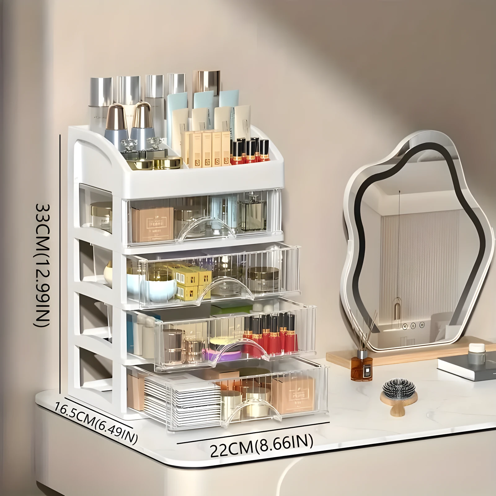 Organizador de maquillaje blanco y acrílico de 4 niveles con cajones transparentes, ideal para cosméticos.