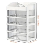 Organizador de maquillaje blanco de 4 cajones transparentes con compartimentos superiores.
