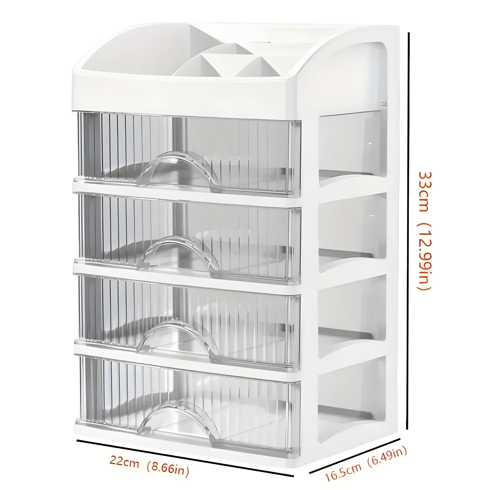 Organizador de maquillaje blanco de 4 cajones transparentes con compartimentos superiores.