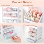 Organizador de maquillaje transparente de 4 niveles con textura a rayas y cajones divisorios para cosméticos.
