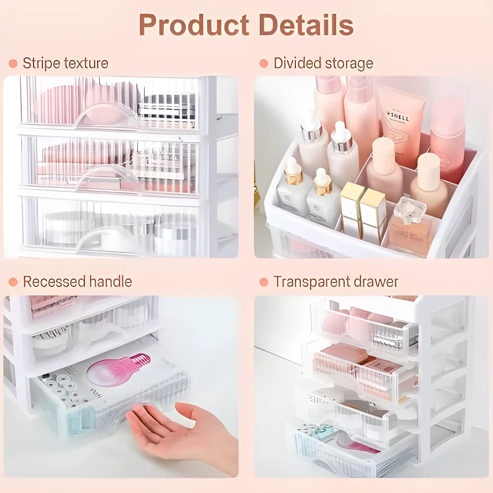 Organizador de maquillaje transparente de 4 niveles con textura a rayas y cajones divisorios para cosméticos.
