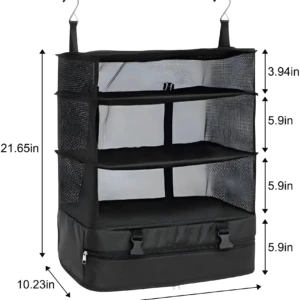 Organizador colgante de malla negra con 4 compartimentos expande tu armario, medidas en pulgadas.