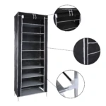 Zapatero organizador negro de 10 niveles con cubierta de tela, ideal para calzado.