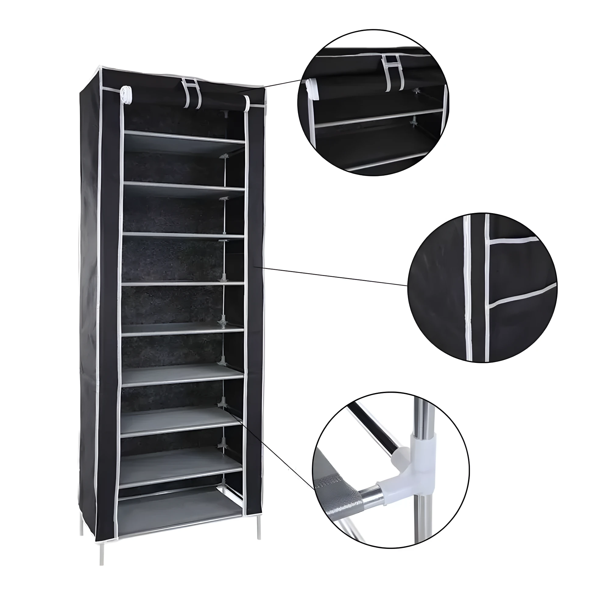 Zapatero organizador negro de 10 niveles con cubierta de tela, ideal para calzado.