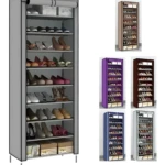 Zapatero de tela gris 10 niveles, con compartimentos para organizar calzado y cajas de almacenamiento inferiores.