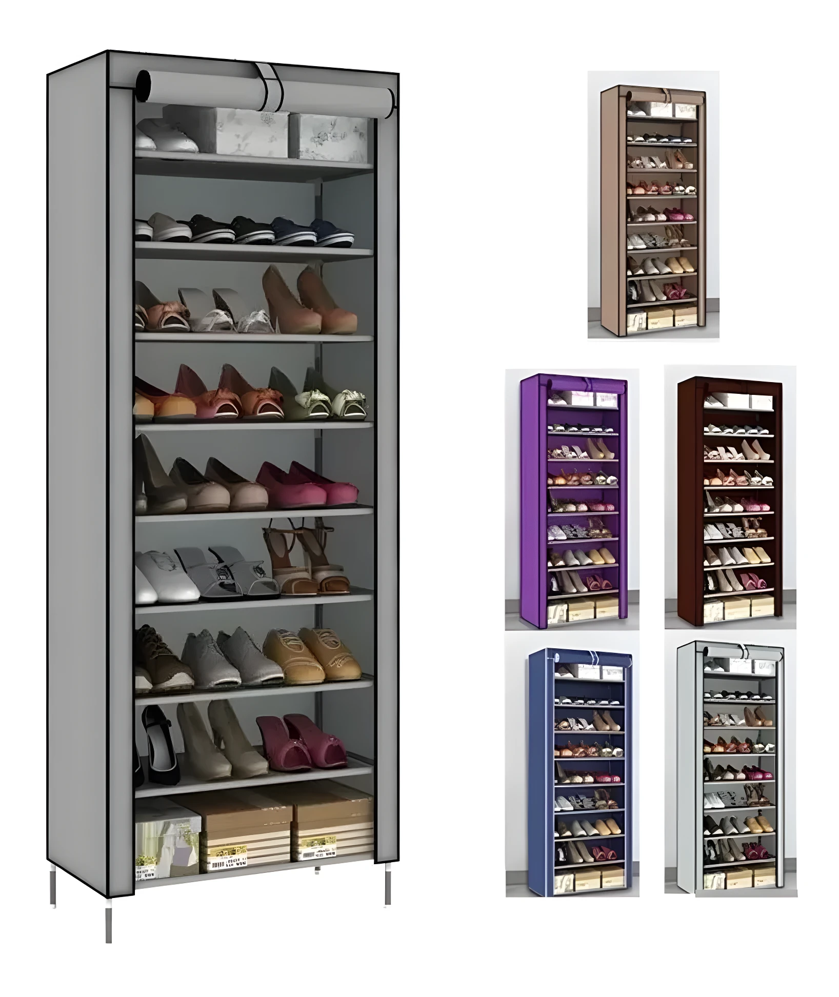 Zapatero de tela gris 10 niveles, con compartimentos para organizar calzado y cajas de almacenamiento inferiores.