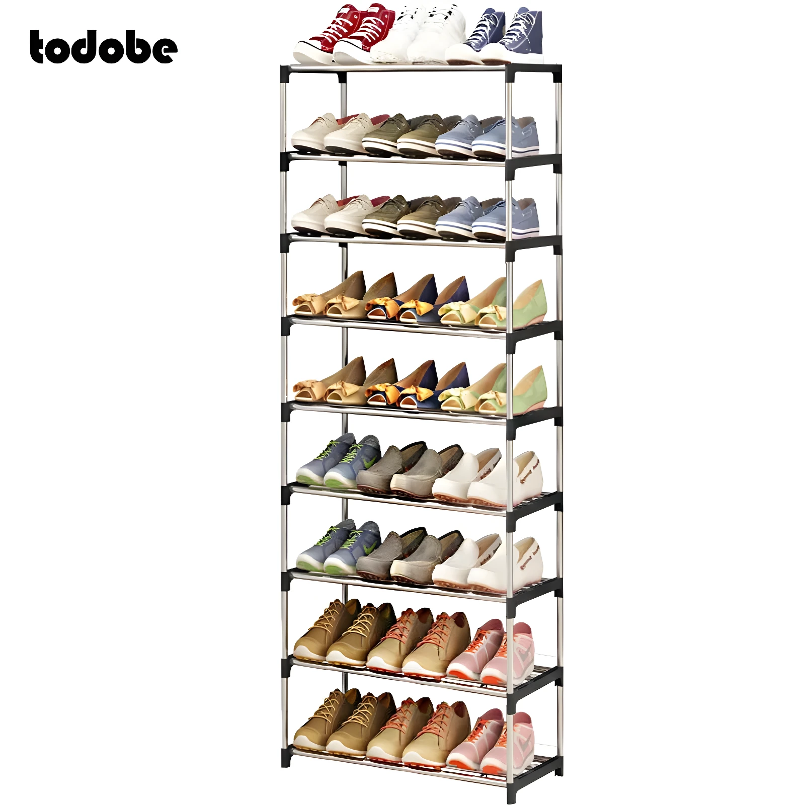 Zapatero vertical de 9 niveles con 27 pares de zapatos, zapatillas y tacones de diferentes colores.