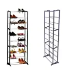 Zapatero organizador gris metálico desarmable de 10 niveles con 30 pares de zapatos de tacón.