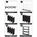 Estantería organizadora de zapatos con 4 niveles, estructura plegable de plástico negro y tubos de aluminio.