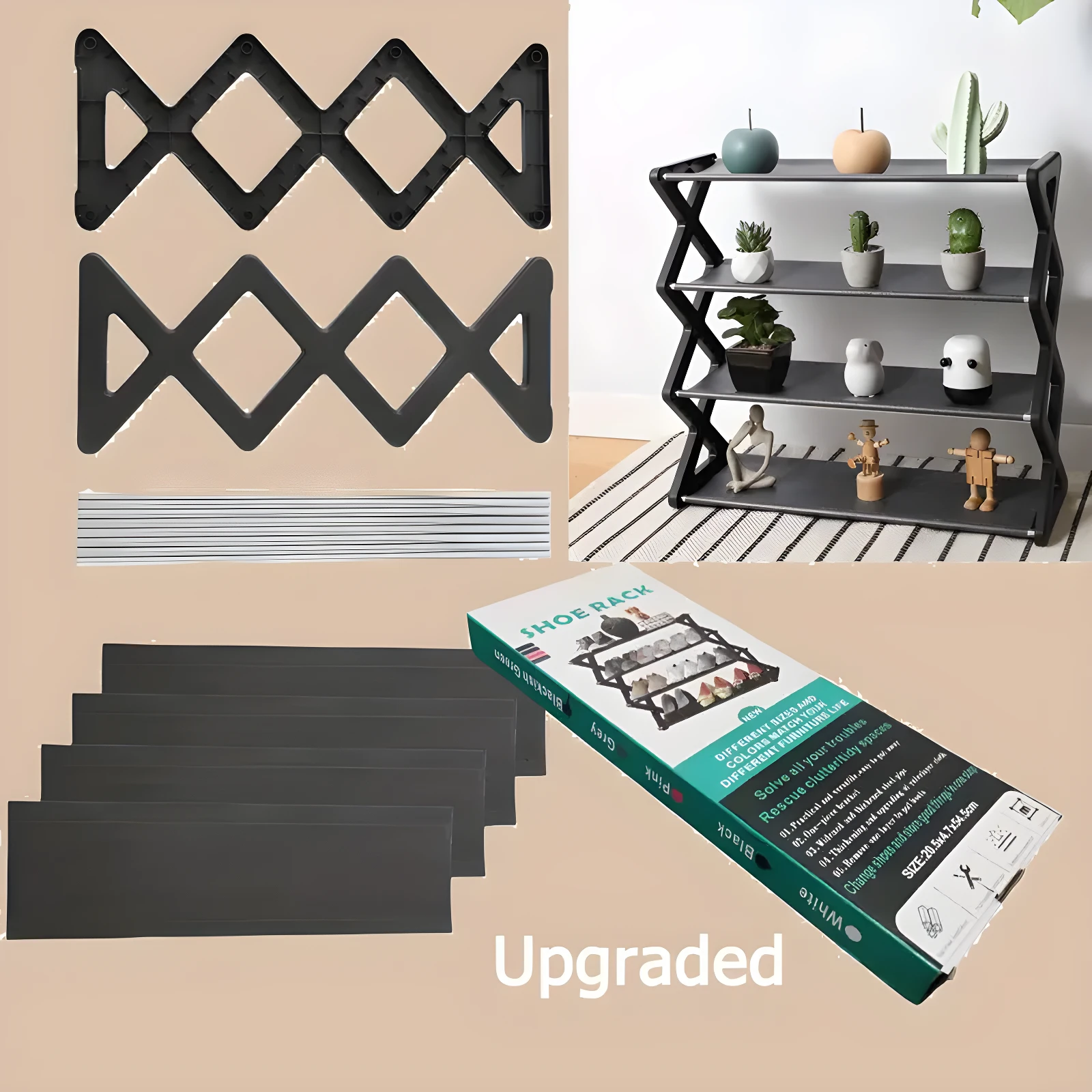 Estantería de zapatos de 4 niveles, plástica y de aluminio, diseño zig-zag negro.