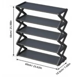 Organizador de zapatos gris de 5 niveles con estructura lateral en zigzag y medidas indicadas.