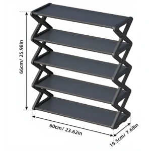 Organizador de zapatos gris de 5 niveles con estructura lateral en zigzag y medidas indicadas.