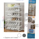 Zapatero vertical blanco de 6 niveles con estructura reforzada de metal, ideal para organizar calzado.