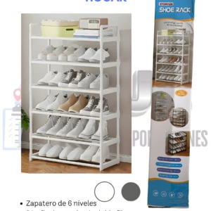 Zapatero vertical blanco de 6 niveles con estructura reforzada de metal, ideal para organizar calzado.