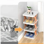 Organizador de zapatos de 7 niveles, antes y después del almacenamiento. Muestra zapatos ordenados en estantes.