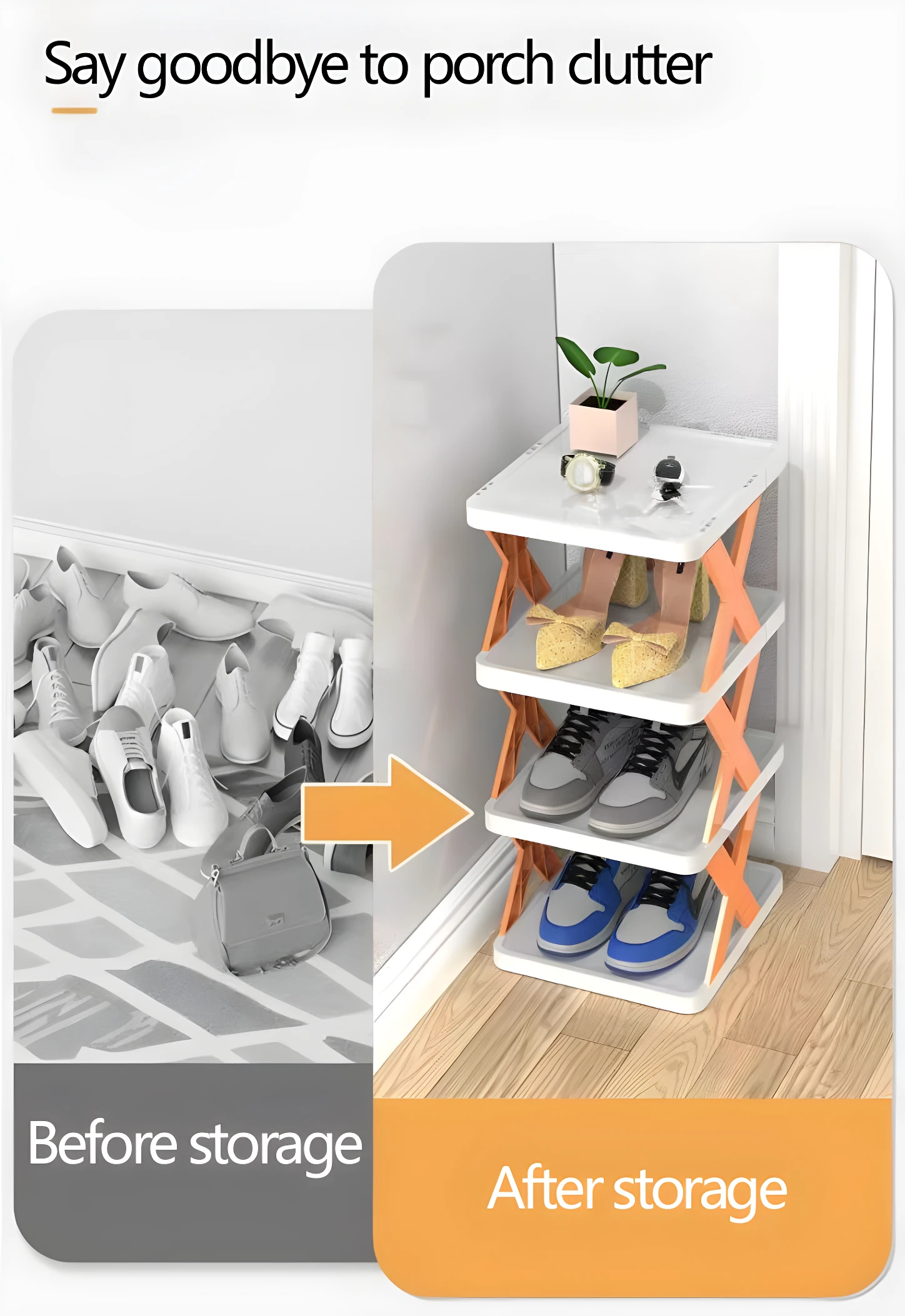 Organizador de zapatos de 7 niveles, antes y después del almacenamiento. Muestra zapatos ordenados en estantes.