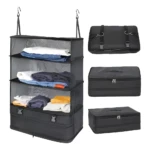 Organizador de equipaje de viaje colgante plegable con compartimentos y maletas a juego.