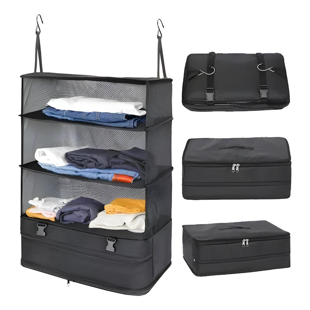Organizador de equipaje de viaje colgante plegable con compartimentos y maletas a juego.