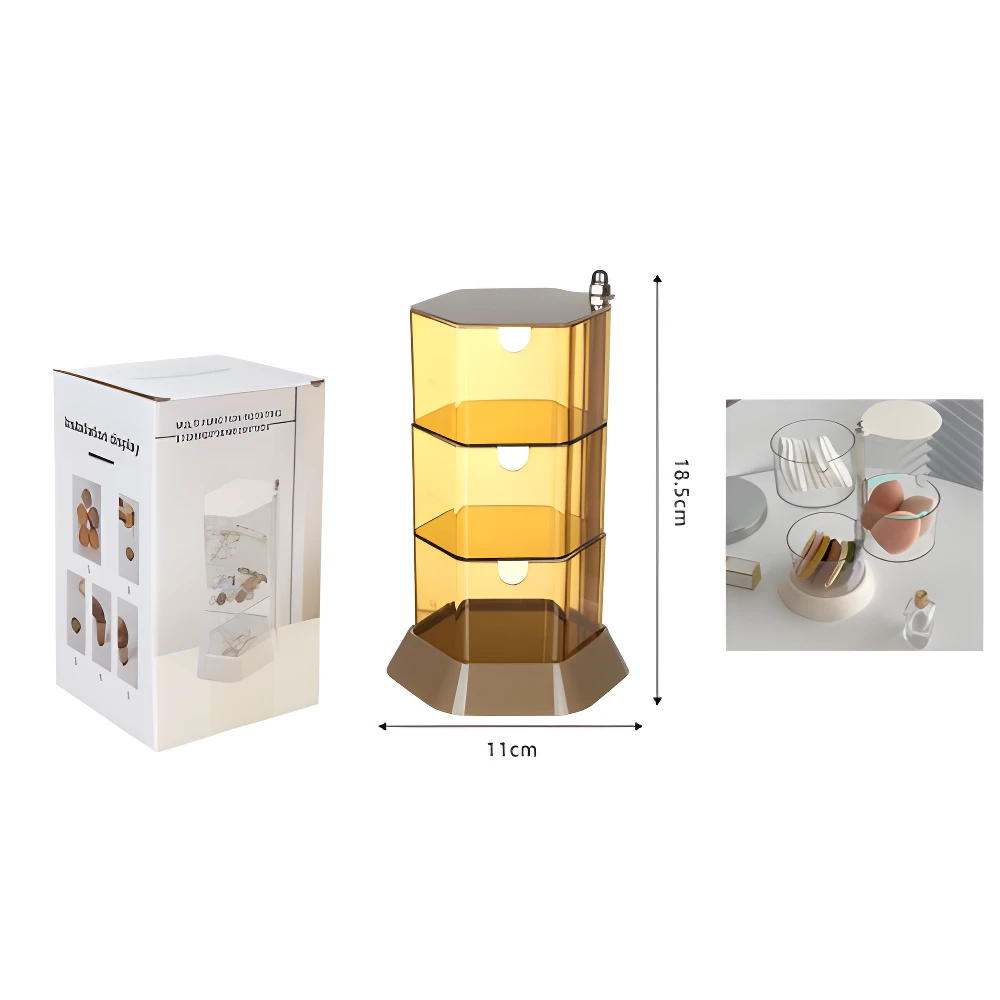 Organizador giratorio 3 niveles ámbar con base café, 18.5cm alto, 11cm ancho, para joyas o cosméticos.