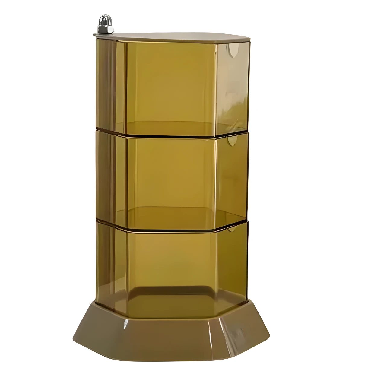 Organizador giratorio de 3 niveles, color ámbar translúcido, ideal para joyas y cosméticos.