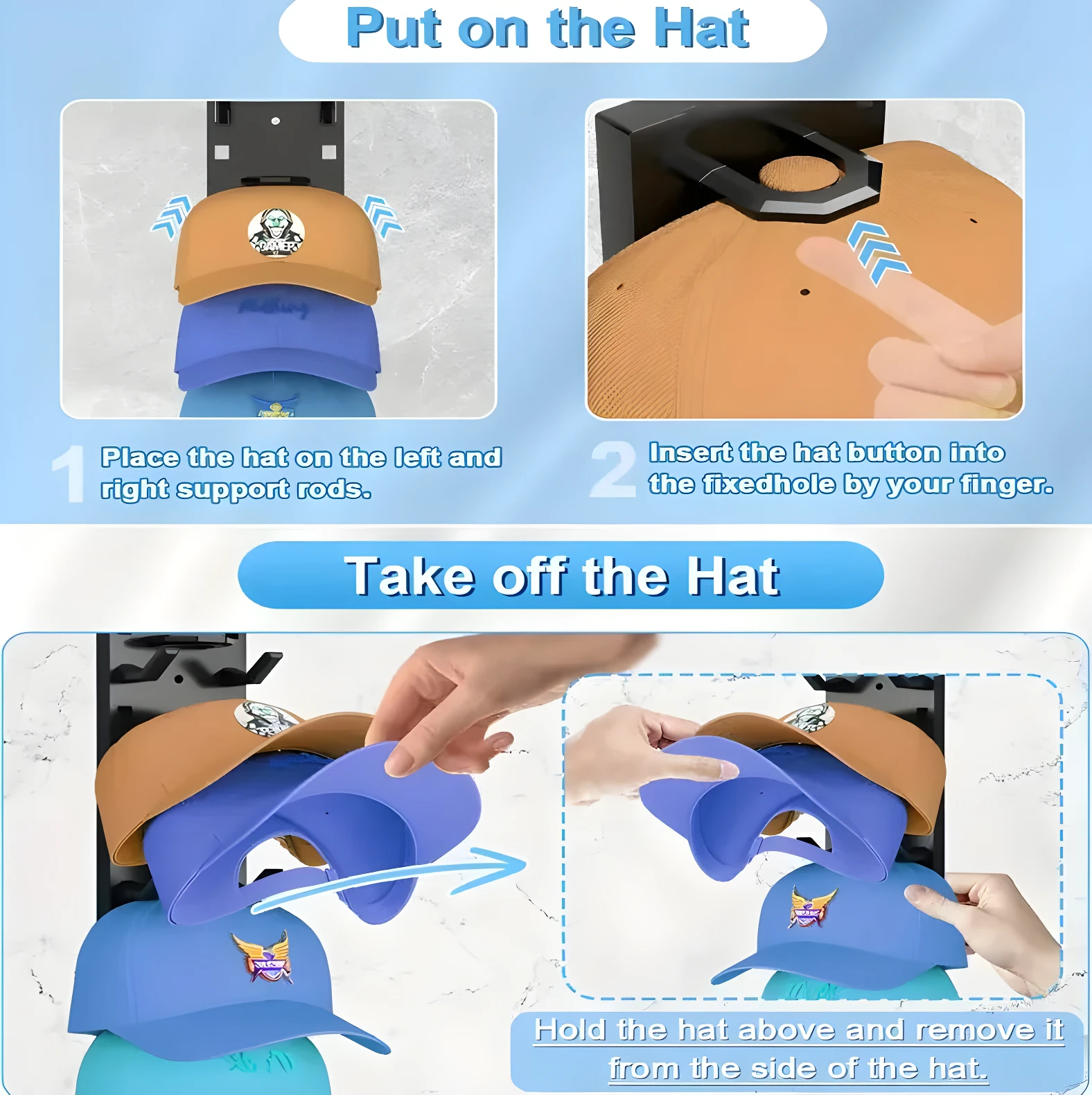 Organizador de gorras vertical para pared. Muestra cómo colocar y quitar gorras de diferentes colores.