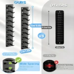 Dos organizadores verticales de gorras negros, uno de 2 unidades con espacio amplio, frente a uno de 1 unidad con espacio estrecho.