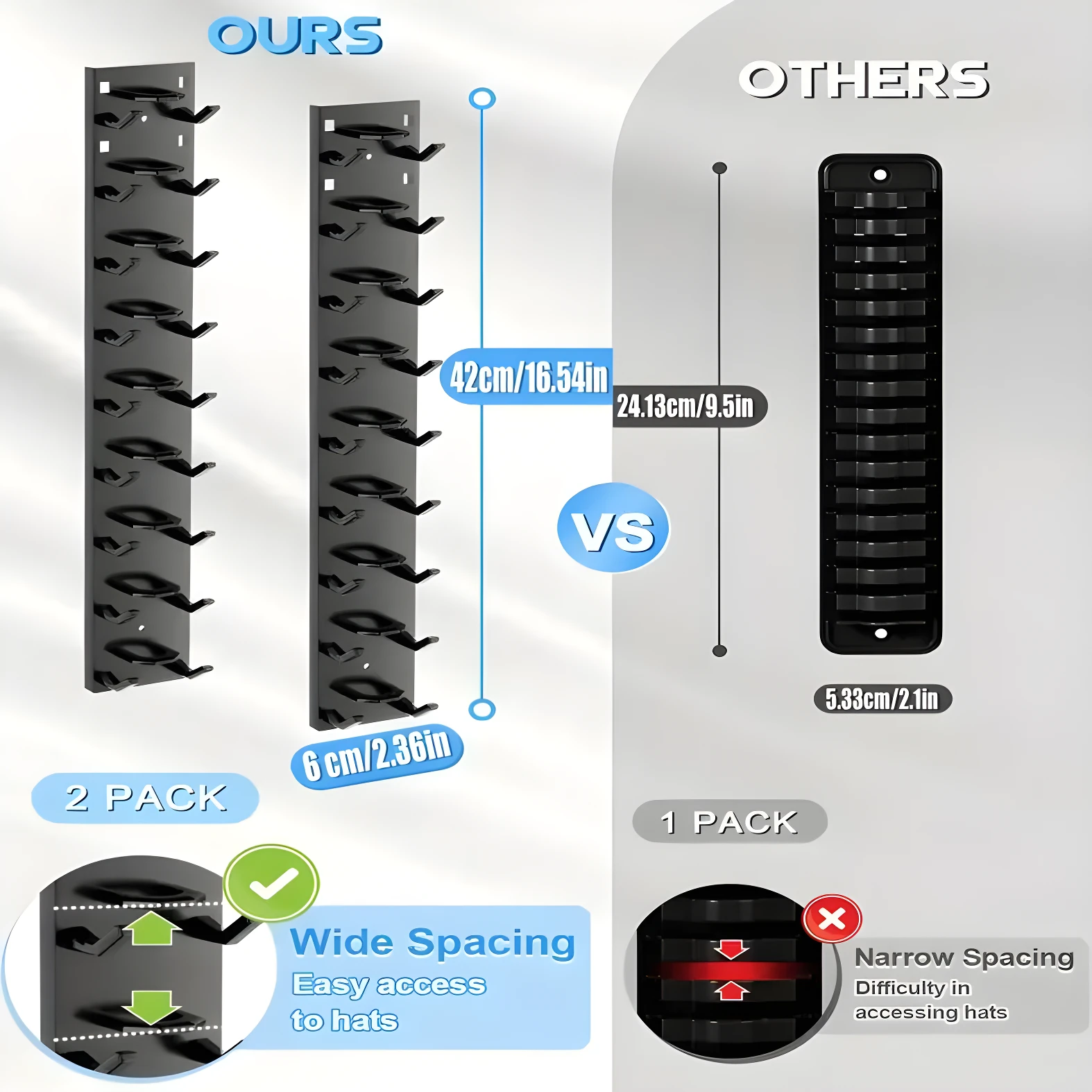 Dos organizadores verticales de gorras negros, uno de 2 unidades con espacio amplio, frente a uno de 1 unidad con espacio estrecho.