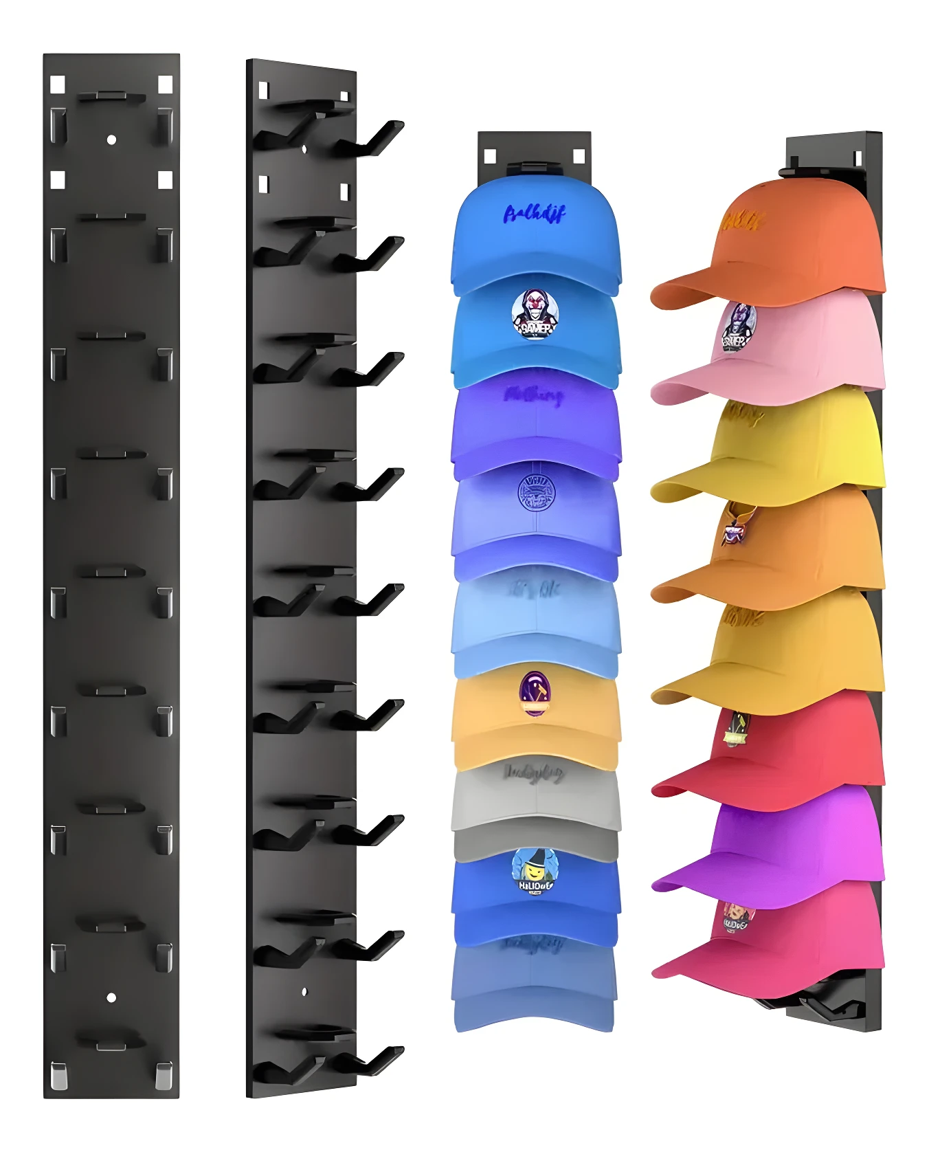 Organizador vertical de pared negro con ganchos para 10 gorras, exhibe colección de sombreros.