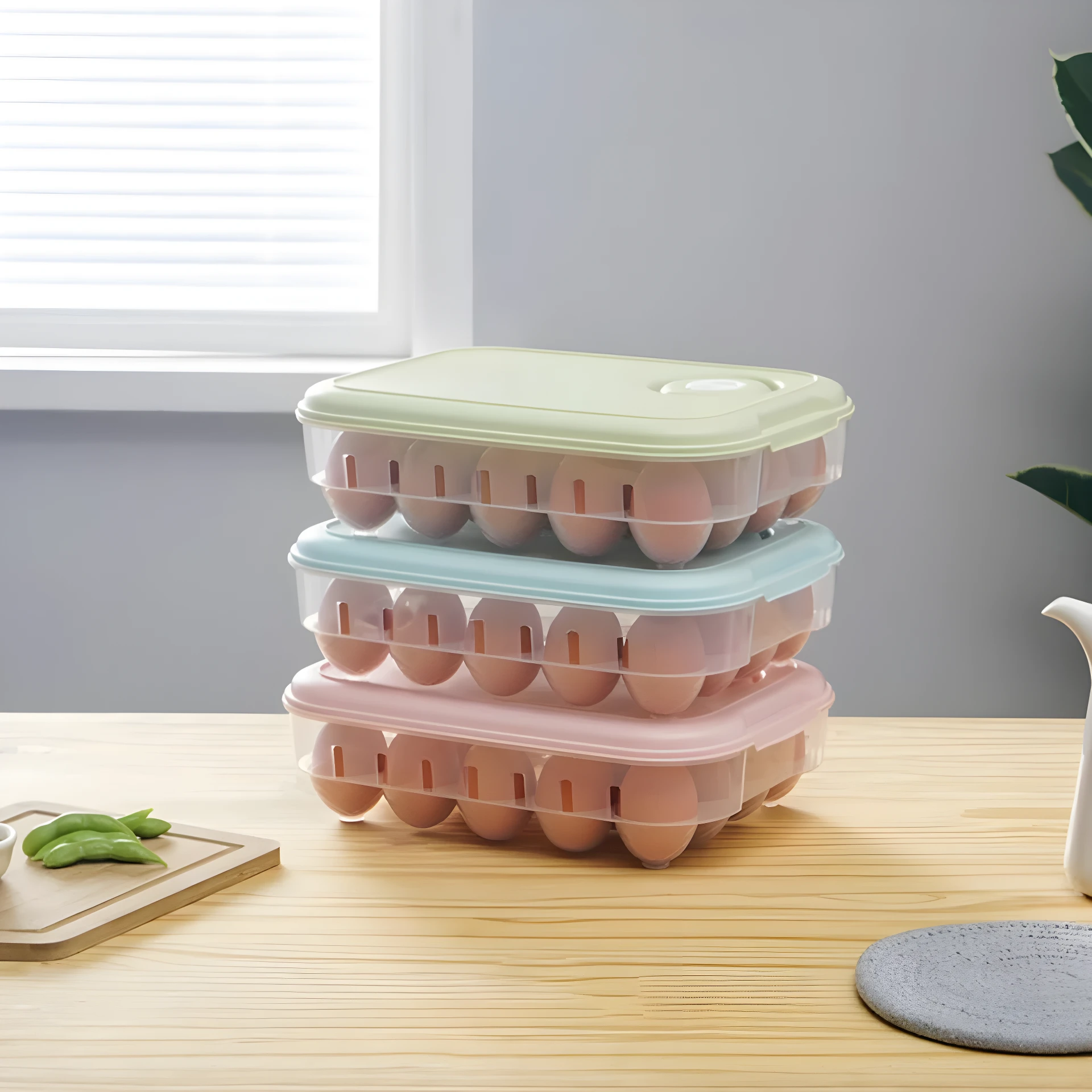 Organizador de huevos apilable para 20 unidades, color verde pastel, azul y rosa, con tapas.