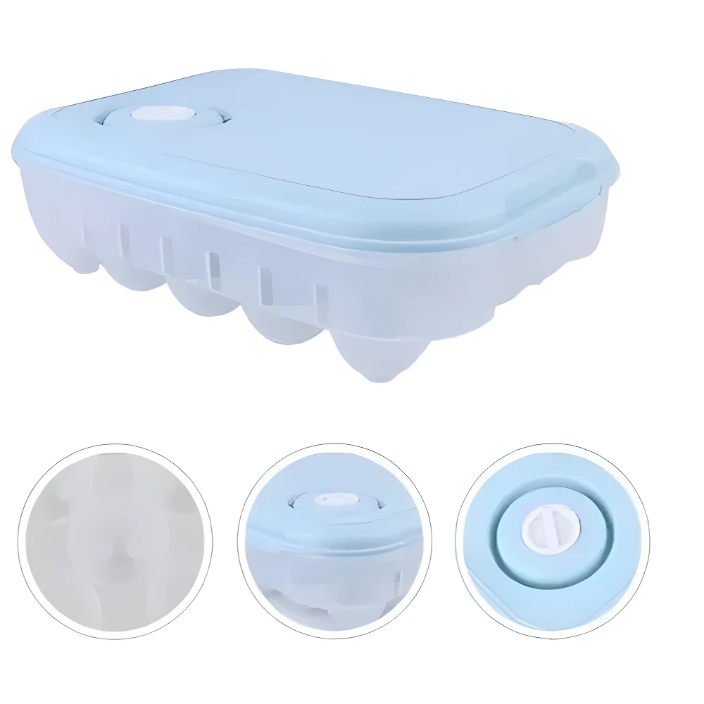 Organizador de huevos azul translúcido con tapa y compartimentos para 20 huevos.