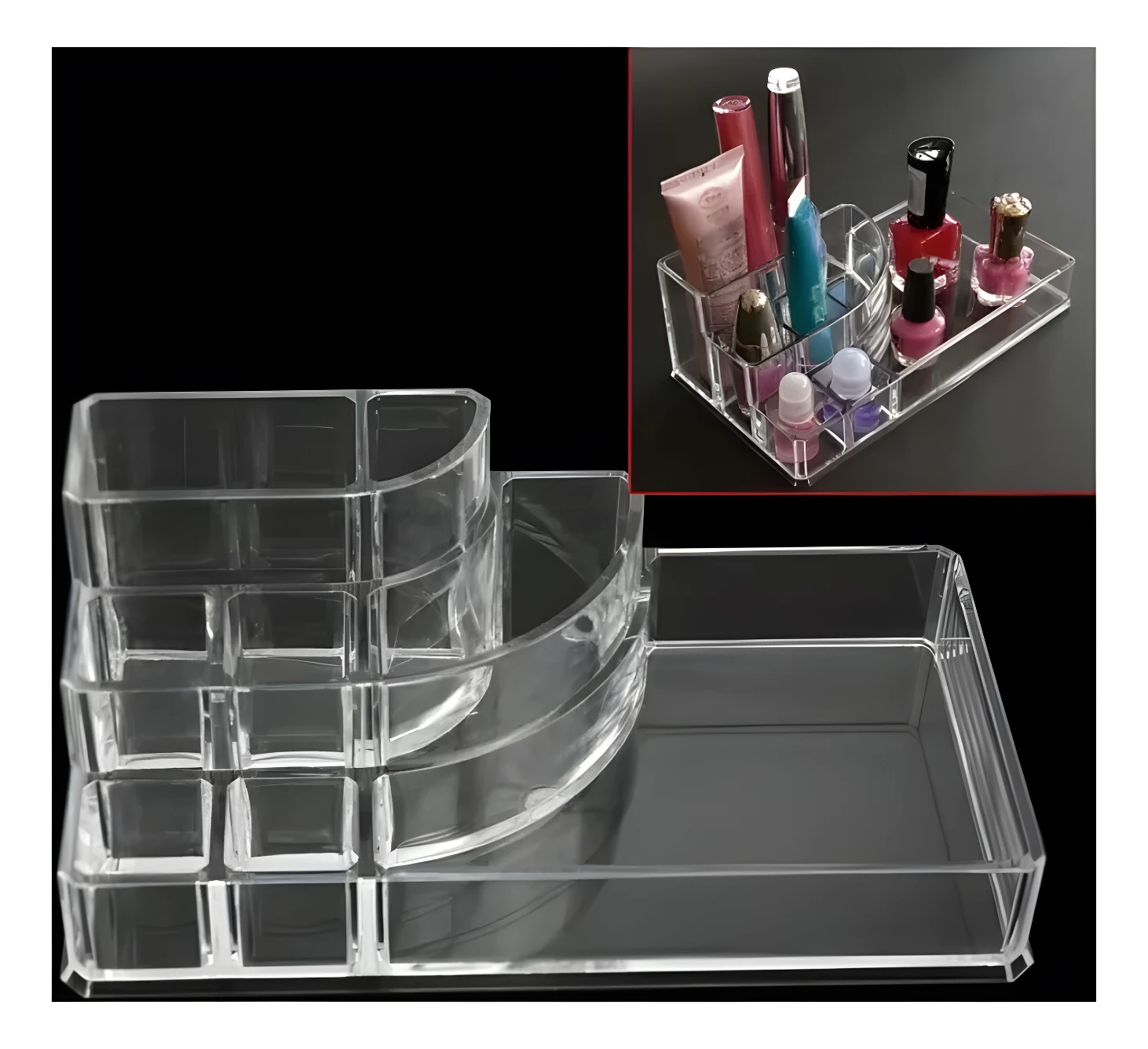 Organizador acrílico transparente para cosméticos con 12 compartimentos pequeños y bandeja inferior plana.