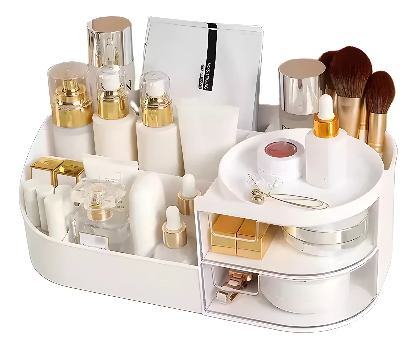 Organizador de cosméticos blanco tipo O con dos cajones, compartimentos para frascos, brochas y labial en tocador.