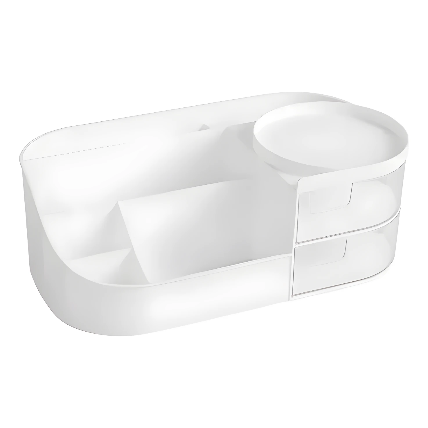 Organizador de cosméticos blanco con compartimentos, cajones transparentes y bandeja giratoria.