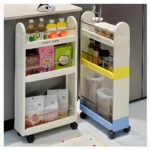 Carro organizador móvil con ruedas, dos niveles con botellas y cajas, y dos niveles con bolsas y recipientes.