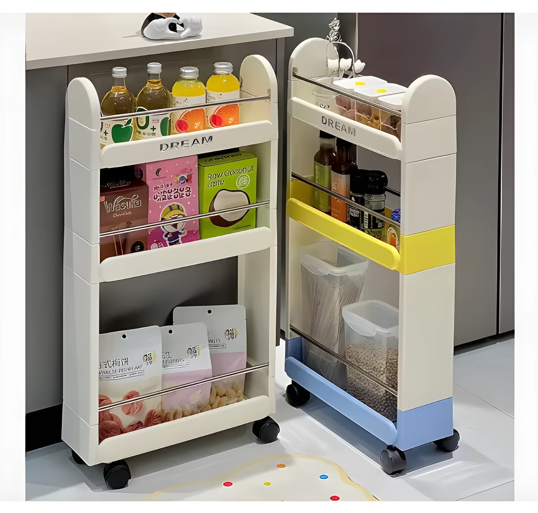 Carro organizador móvil con ruedas, dos niveles con botellas y cajas, y dos niveles con bolsas y recipientes.