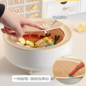 Organizador redondo blanco con tapa de madera, ideal para accesorios de cabello, con diseño de resorte y sello hermético.