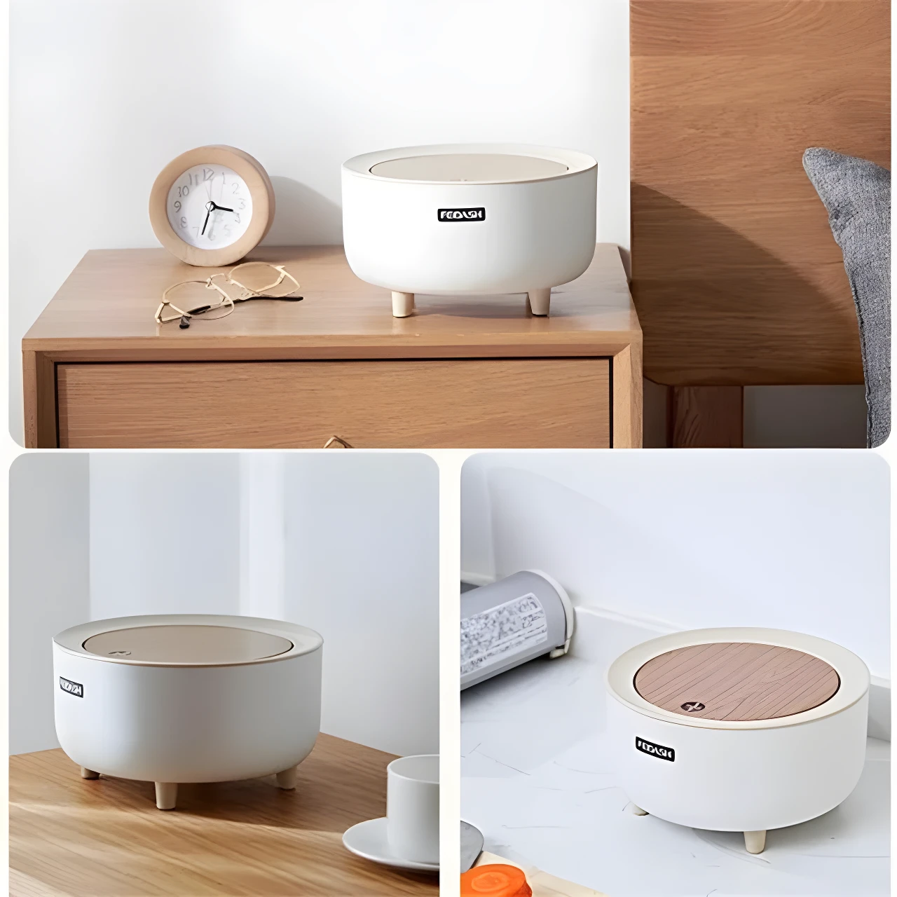 Cubo blanco con tapa imitación madera, patas, para escritorio, estilo minimalista, ideal para organizar.