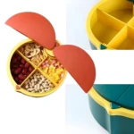Organizador multipropósito amarillo y verde con tapas naranjas mostrando semillas y frutos secos.