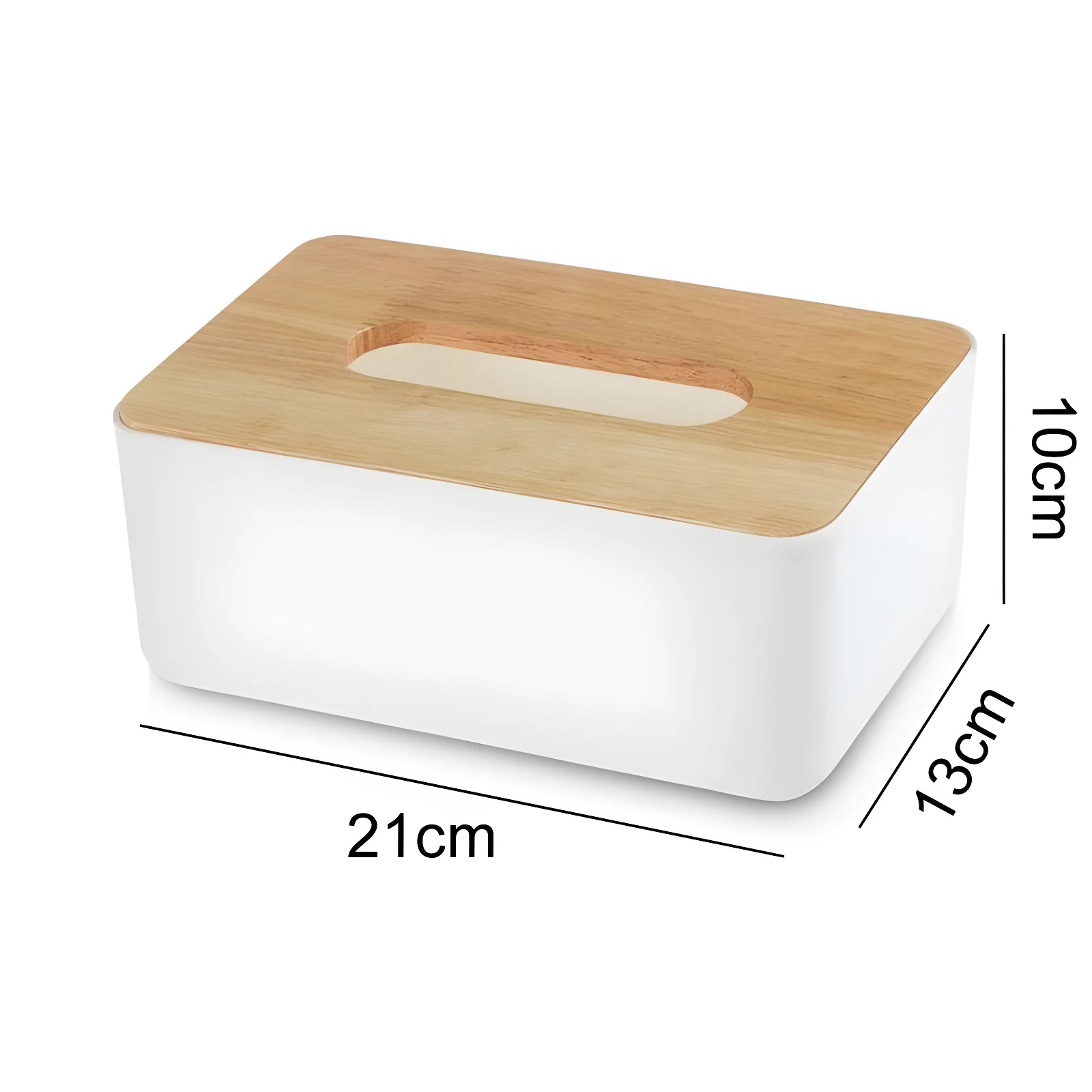 Dispensador de pañuelos blanco con tapa de bambú y medidas 21x13x10cm.