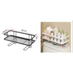 Organizador metálico negro para tanque de inodoro. Mide 32.2 cm de largo, 14.5 cm de profundidad y 7 cm de alto.