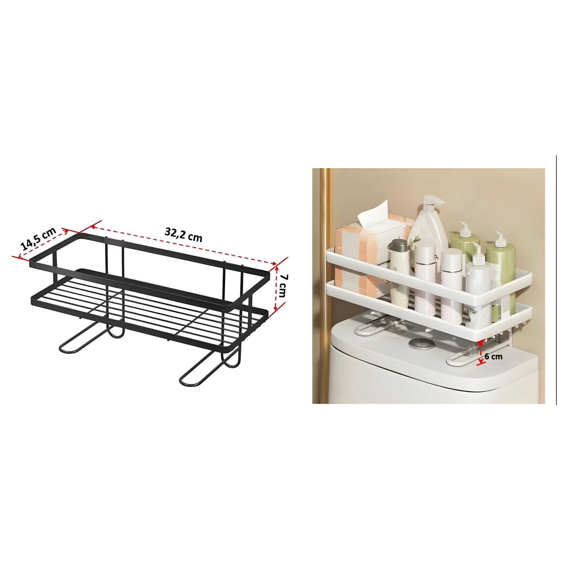 Organizador metálico negro para tanque de inodoro. Mide 32.2 cm de largo, 14.5 cm de profundidad y 7 cm de alto.