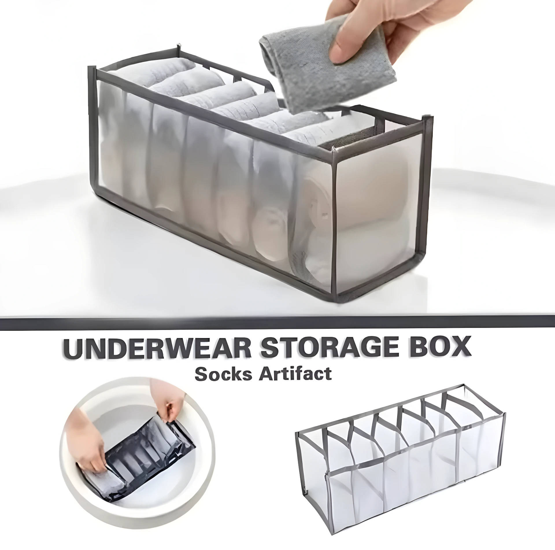 Organizador plegable gris para ropa interior con 7 compartimentos, mostrando cómo guardar prendas dobladas y su limpieza en agua.